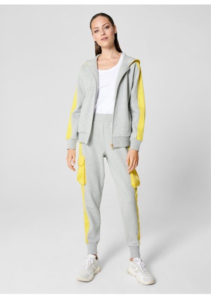 Sport Renk Detaylı Kapüşonlu Fermuarlı Gri Pamuk Sweatshirt