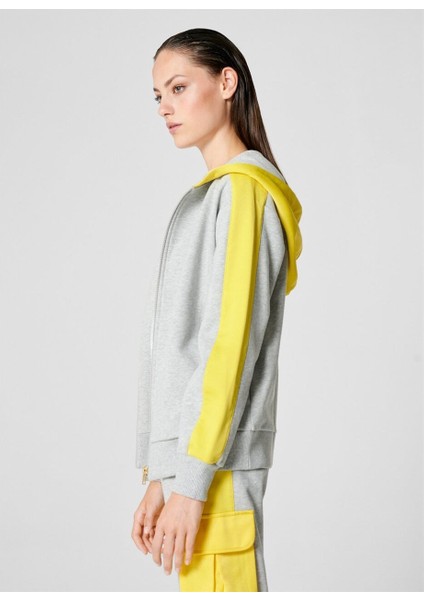 Sport Renk Detaylı Kapüşonlu Fermuarlı Gri Pamuk Sweatshirt