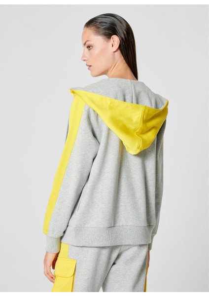 Sport Renk Detaylı Kapüşonlu Fermuarlı Gri Pamuk Sweatshirt