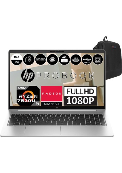 Probook 455 G10 Amd Ryzen 5 7530U 64GB 256GB SSD Amd Radeon™ Graphics Windows 11 Pro 15.6" Fhd Taşınabilir Bilgisayar 854S1ESP31+ Zetta Çanta