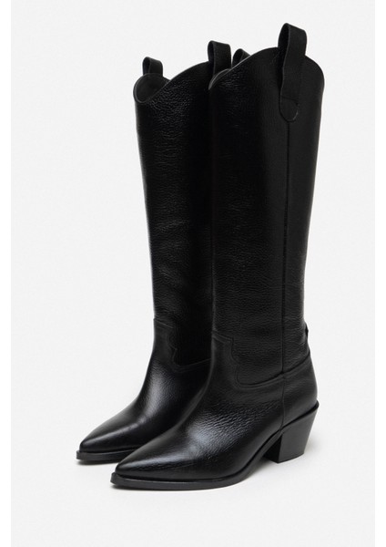 Sidley Siyah Hakiki Deri Sivri Burun Kadın Topuklu Dallas Çizme