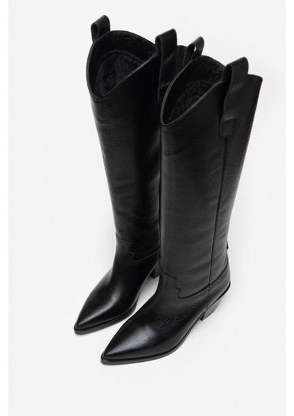 Sidley Siyah Hakiki Deri Sivri Burun Kadın Topuklu Dallas Çizme fiyatları