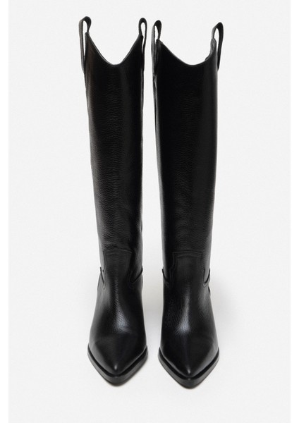 Sidley Siyah Hakiki Deri Sivri Burun Kadın Topuklu Dallas Çizme modelleri