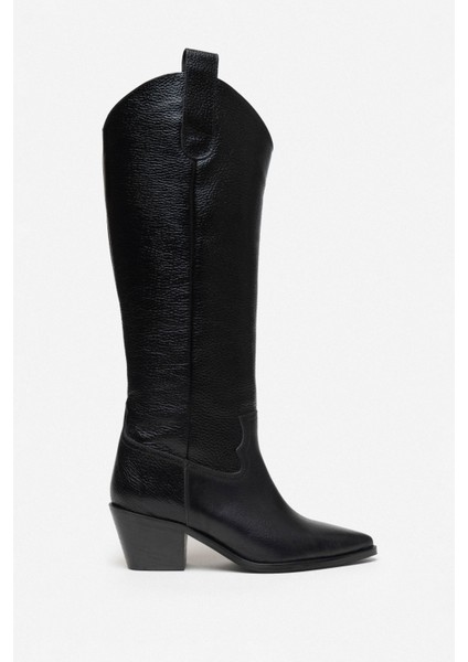 Sidley Siyah Hakiki Deri Sivri Burun Kadın Topuklu Dallas Çizme fırsatları