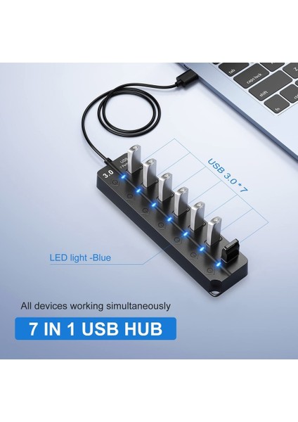 7 Port Usb 3.0 Hub Çoklayıcı Çoğaltıcı Switch Splitter 1.2 Metre Kablo Siyah ZR790