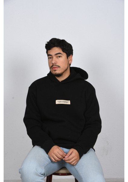 Unisex Kapüşonlu Oversize Çiçek Yaprak Baskılı Rahat Kalın Siyah Beyaz Sweatshirt