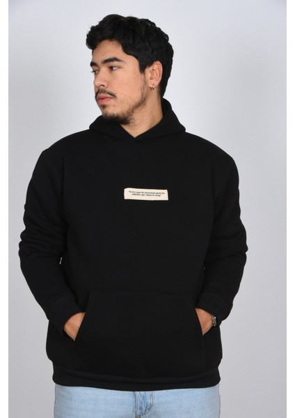 Unisex Kapüşonlu Oversize Çiçek Yaprak Baskılı Rahat Kalın Siyah Beyaz Sweatshirt