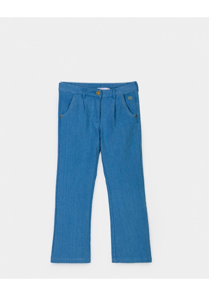 Bol Paça Logo Detaylı Mavi Denim Çocuk Pantolon