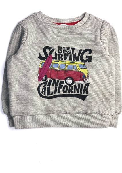 Erkek Çocuk Otobüs Baskılı Sweatshirt ,Gri %100 Pamuk Rahat ve Yumuşak Eşofman Üstü