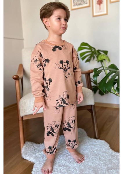 Erkek Çocuk Mickey Basklı Bilekleri Lastikli Penye Kazak Kahverengi Pijama Takım