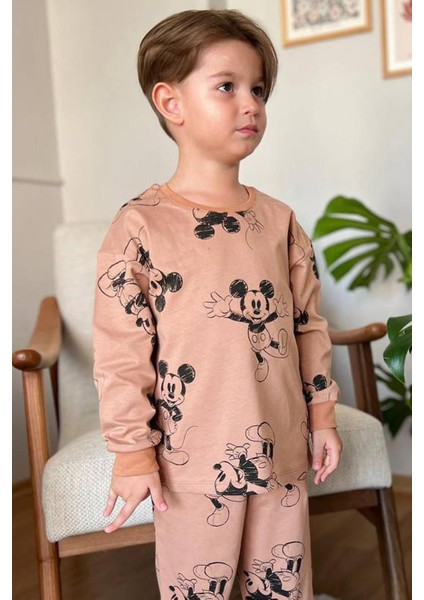 Erkek Çocuk Mickey Basklı Bilekleri Lastikli Penye Kazak Kahverengi Pijama Takım