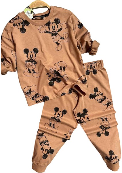 Erkek Çocuk Mickey Basklı Bilekleri Lastikli Penye Kazak Kahverengi Pijama Takım