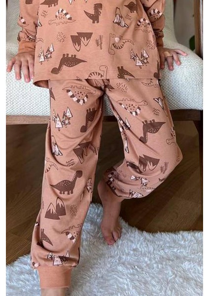 Erkek Çocuk Dinazor ve Ejder Baskılı Kahverengi Pijama Takım modelleri