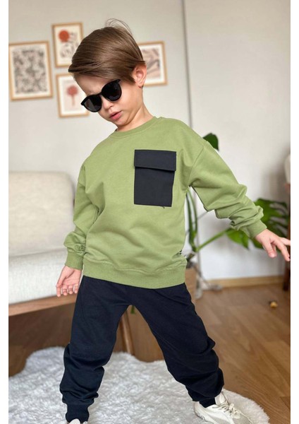 Erkek Çocuk Kapak Cepli Bisiklet Yaka Sweatshirt Haki Yeşil Eşofman Takım