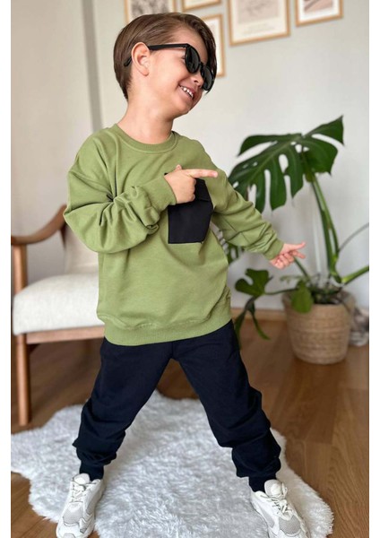 Erkek Çocuk Kapak Cepli Bisiklet Yaka Sweatshirt Haki Yeşil Eşofman Takım fiyatları