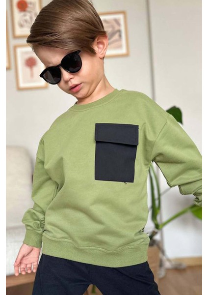 Erkek Çocuk Kapak Cepli Bisiklet Yaka Sweatshirt Haki Yeşil Eşofman Takım modelleri