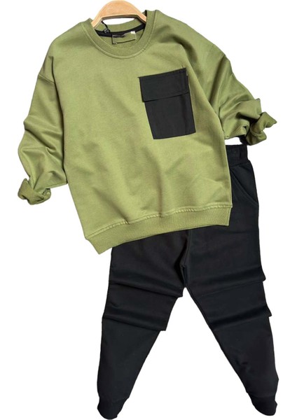 Erkek Çocuk Kapak Cepli Bisiklet Yaka Sweatshirt Haki Yeşil Eşofman Takım fırsatları