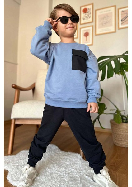 Erkek Çocuk Kapak Cepli Bisiklet Yaka Sweatshirt Mavi Eşofman Takım