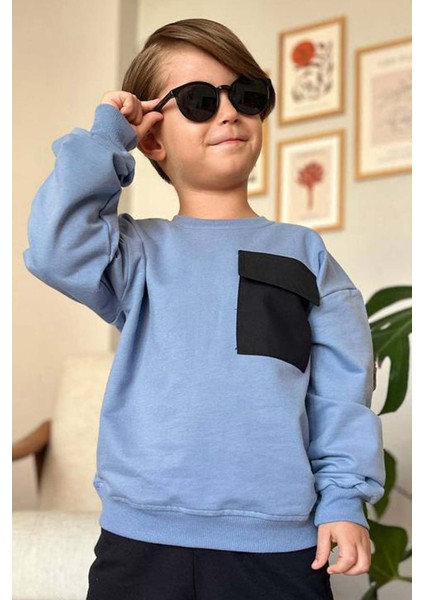 Erkek Çocuk Kapak Cepli Bisiklet Yaka Sweatshirt Mavi Eşofman Takım