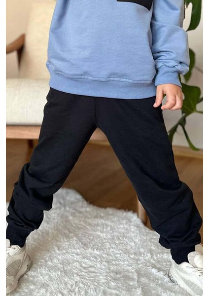 Erkek Çocuk Kapak Cepli Bisiklet Yaka Sweatshirt Mavi Eşofman Takım