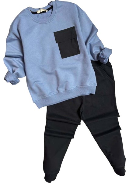 Erkek Çocuk Kapak Cepli Bisiklet Yaka Sweatshirt Mavi Eşofman Takım