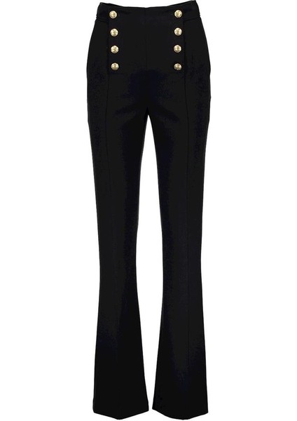 Düğme Detaylı Yüksek Bel Siyah Klasik Pantolon