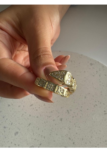 Zirkon Taşlı Ayarlanabilir Yılan Yüzük - Gold