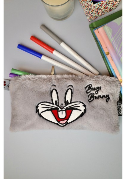 Bugs Bunny Yumuşak Peluş Tüylü Tek Bölmeli Fermuarlı El Askılı Çocuk Kalem Kutusu