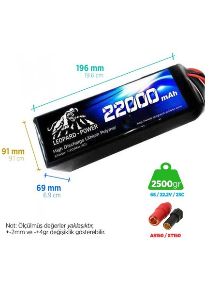 Leopard Power 22000 mAh 22.2V 6S 25C UAV & Multirotor Lityum Polimer Lipo Batarya Pil XT150 Plug