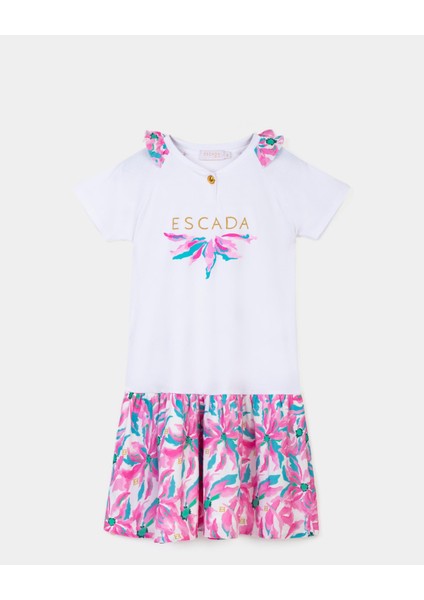 Çiçek Desenli Kısa Kol Beyaz Çocuk Elbise