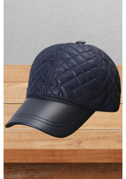 Kapitone Vegan Deri Su Geçirmez Kışlık Beyzbol Kep Ayarlanabilir Unisex Şapka Siyah