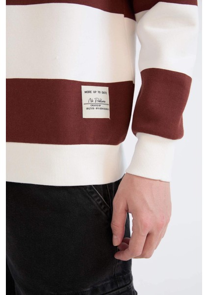 Boxy Fit Bisiklet Yaka Çizgili Dokuma Etiketli Sweatshirt A9066AX24AU indirimleri