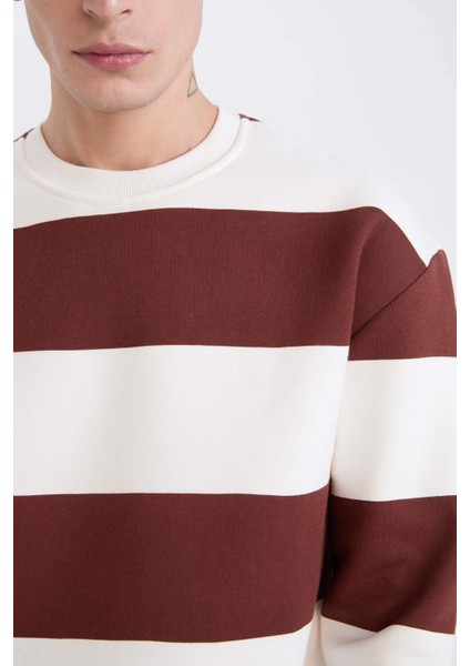 Boxy Fit Bisiklet Yaka Çizgili Dokuma Etiketli Sweatshirt A9066AX24AU fırsatları