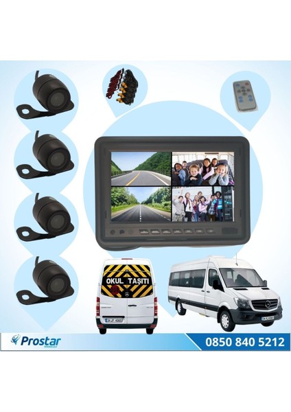 Okul ve Servis Taşıtları Dört Kameralı 7" Ekranlı 4 Kamera Dahil Full Set