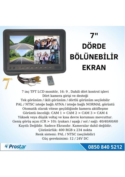 Okul ve Servis Taşıtları Dört Kameralı 7" Ekranlı 4 Kamera Dahil Full Set