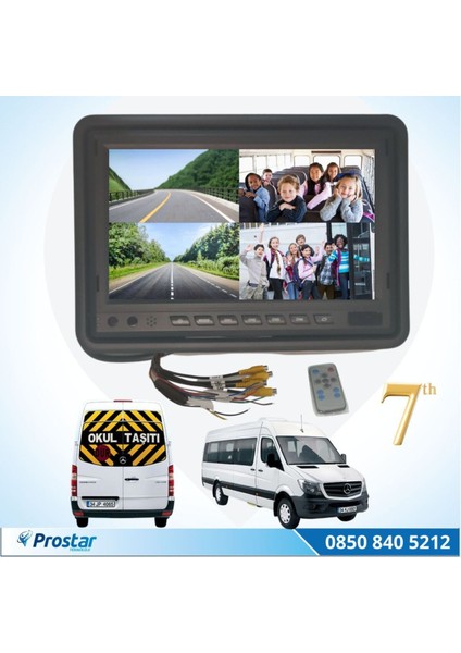 Okul ve Servis Taşıtları Dört Kameralı 7" Ekranlı 4 Kamera Dahil Full Set