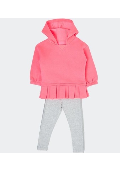 Kız Çocuk Kapşonlu Pembe Eteği Fırfır Detaylı Sweatshirt -1010