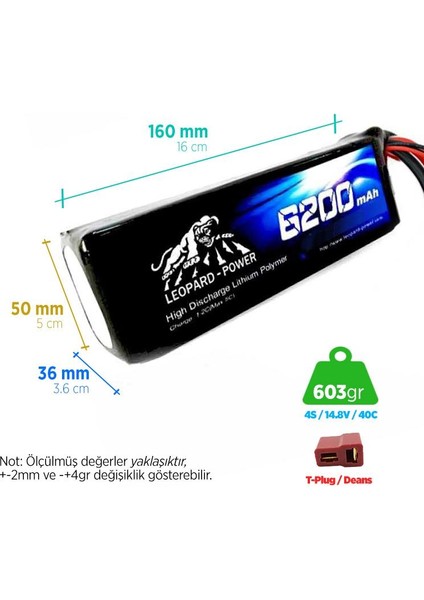 Leopard Power 6200 mAh 14.8V 4S 40C Lityum Polimer Lipo Batarya Pil T Plug