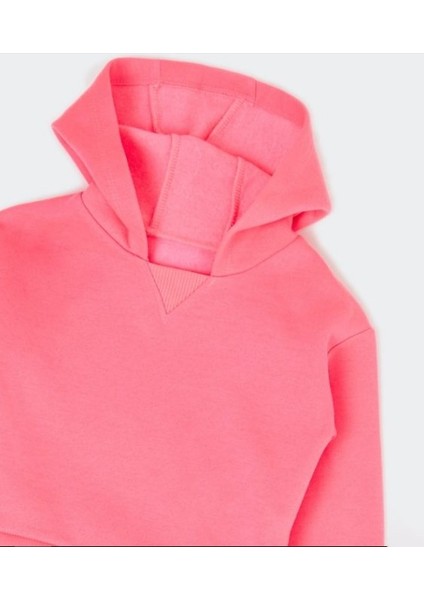 Kız Çocuk Kapşonlu Pembe Eteği Fırfır Detaylı Sweatshirt -1010