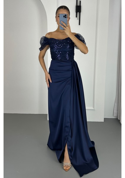 Kadın Lacivert Kayık Yaka Pul Payet Uzun Abiye Elbise