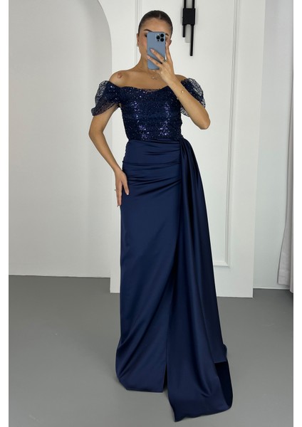Kadın Lacivert Kayık Yaka Pul Payet Uzun Abiye Elbise fiyatları