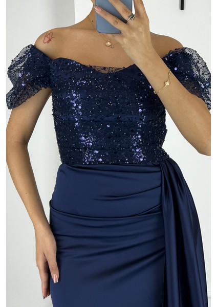 Kadın Lacivert Kayık Yaka Pul Payet Uzun Abiye Elbise fırsatları