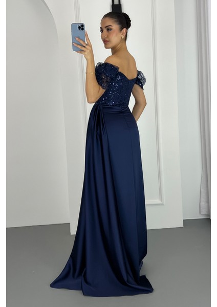 Kadın Lacivert Kayık Yaka Pul Payet Uzun Abiye Elbise indirimleri