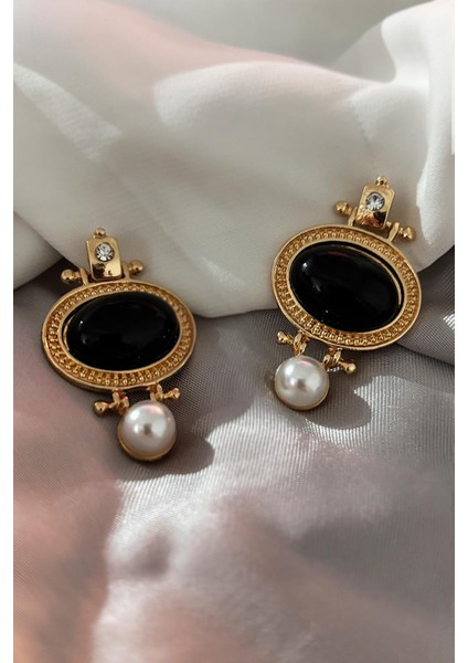 Siyah Beyaz Mineli Altın Kaplama Kadın Küpe fiyatları