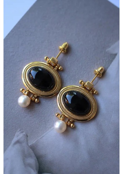 Siyah Beyaz Mineli Altın Kaplama Kadın Küpe fırsatları