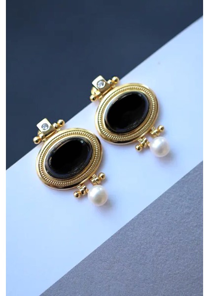 Siyah Beyaz Mineli Altın Kaplama Kadın Küpe indirimleri