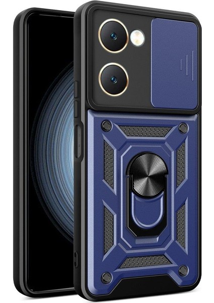 Vivo Y18 Ile Uyumlu Kılıf Kamera Korumalı Sürgülü Yüzüklü Standlı Tank