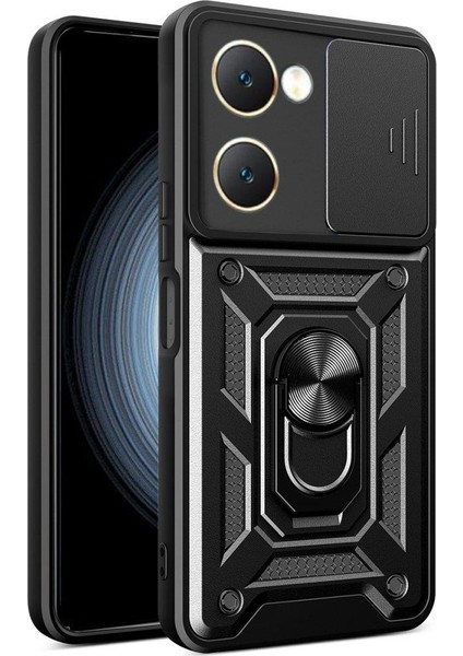Vivo Y18 Ile Uyumlu Kılıf Kamera Korumalı Sürgülü Yüzüklü Standlı Tank