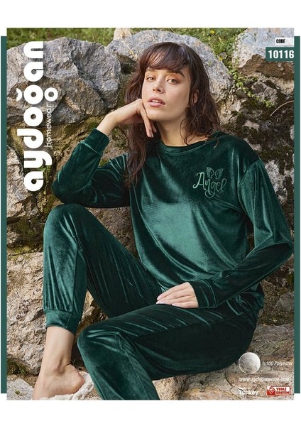 10116 Bayan Kadife Pijama Takım -Zümrt - -- L