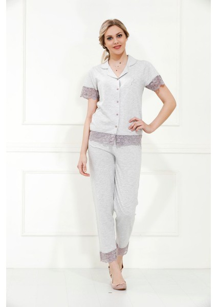 %100 Cotton Kısa Kol Gömlek Yaka Pijama Takımı 98019 Gri M fiyatları